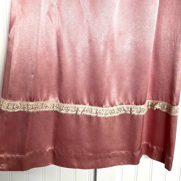 Vintage 70s Pink Satin Prairie Dress Crochet Lace Ruffle Flower Ribbon High Neck - Picture 11 of 14